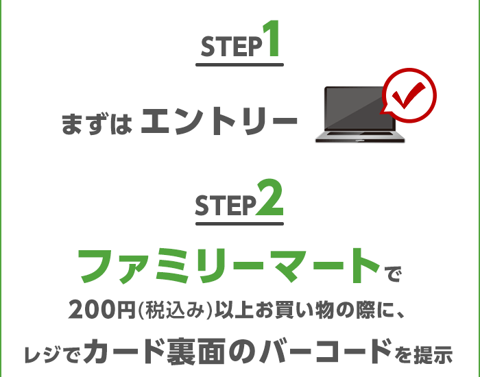 STEP1：まずはエントリー STEP2：ファミリーマートで200円(税込み)以上お買い物の際に、レジでカード裏面のバーコードを提示